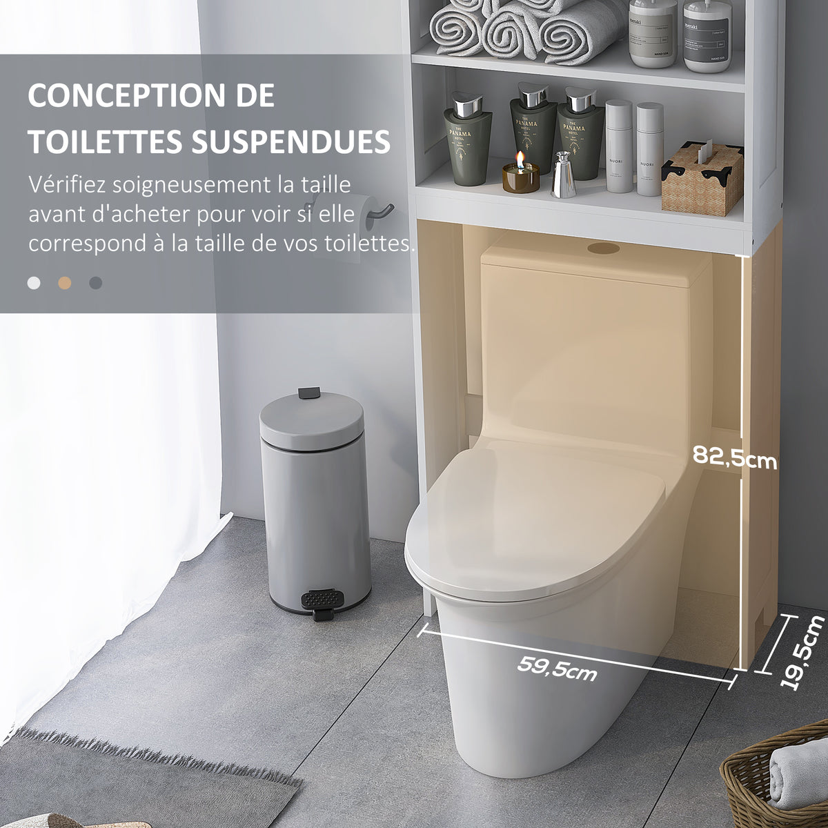 Meuble WC dessus de toilette armoire de rangement de salle de bain avec niches placard à double porte étagère réglable-4