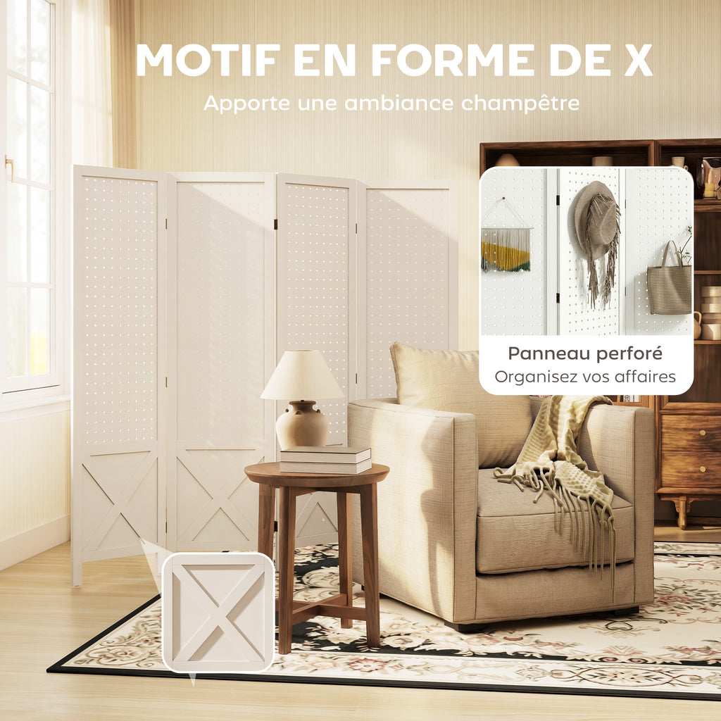 Paravent intérieur en bois 4 panneaux séparateur de pièce pliable panneau perforé 152 x 1,7 x 144,5 cm blanc-3