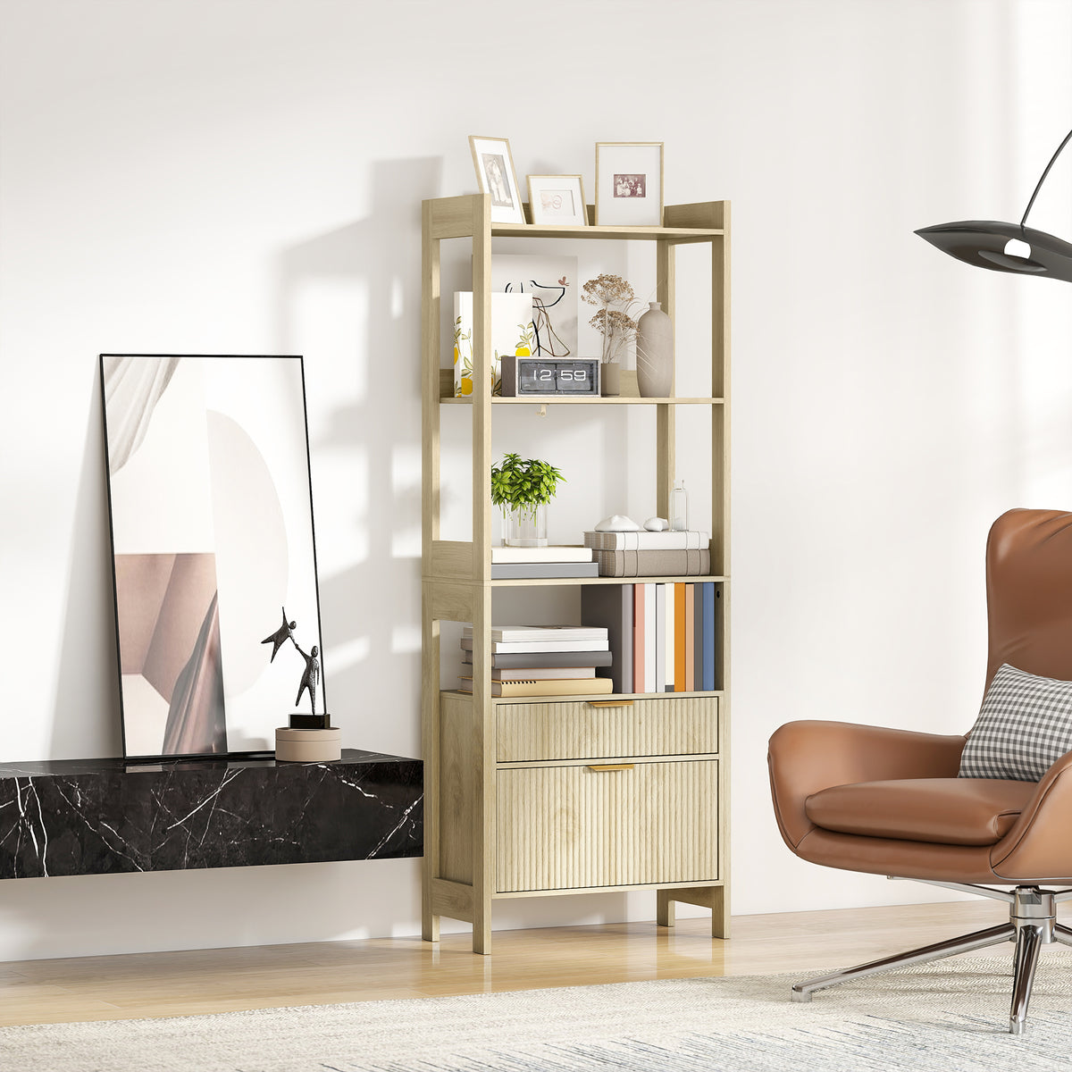 Bibliothèque haute, meuble de rangement avec 4 étagères ouvertes et 2 tiroirs cannelés, 60 x 30 x 160 cm, bois naturel-7