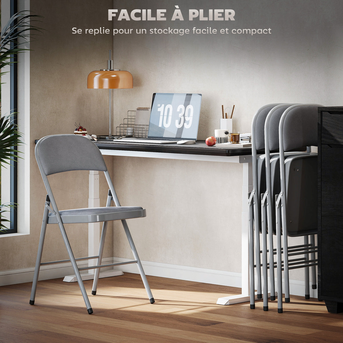 Lot de 4 chaises pliantes et portables intérieur avec assises et dossiers rembourrés en velours, cadre en acier, gris clair-5