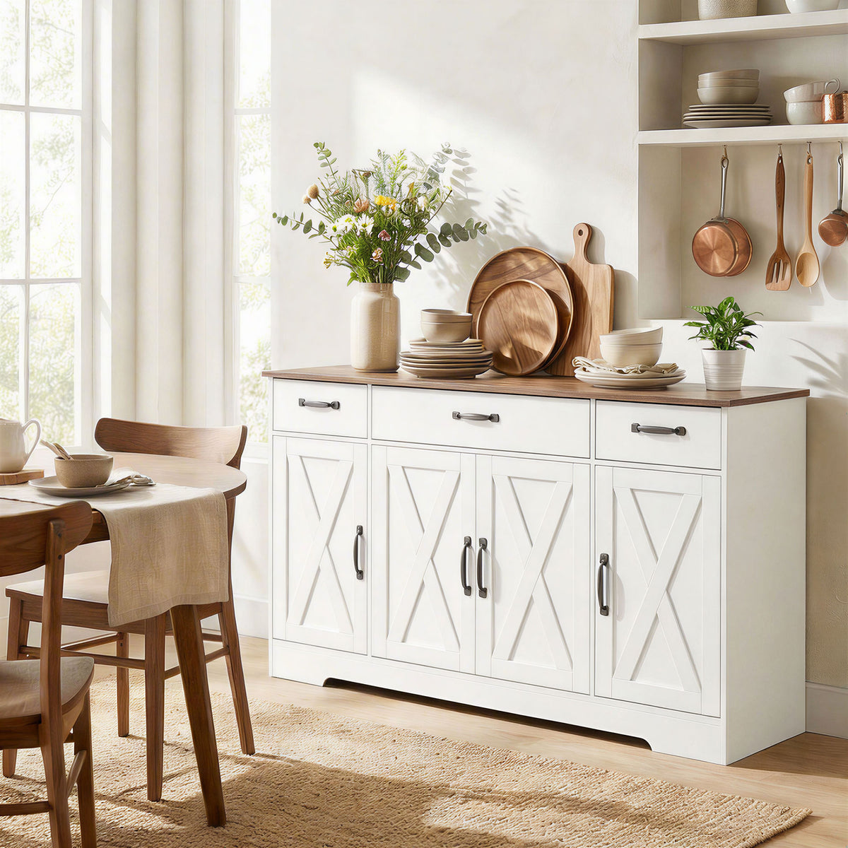 Buffet, meuble de rangement cuisine style ferme avec 4 portes de grange, 3 tiroirs, étagères ajustables, blanc-9