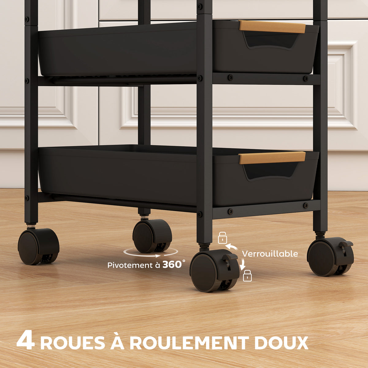 Desserte cuisine, chariot de rangement à roulettes 5 niveaux avec 4 tiroirs coulissants, étagère de rangement, noir-4