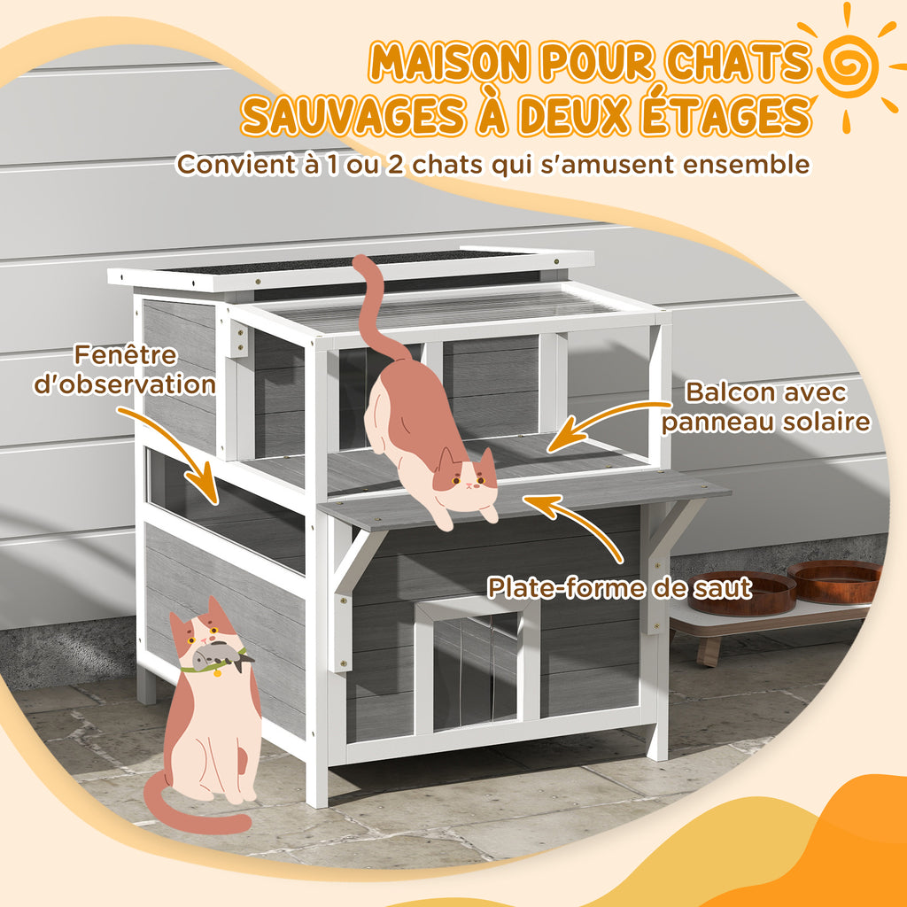 Maison pour chats 2 niveaux avec balcon abrité, toit ouvrable, extérieur, intérieur, gris clair-4