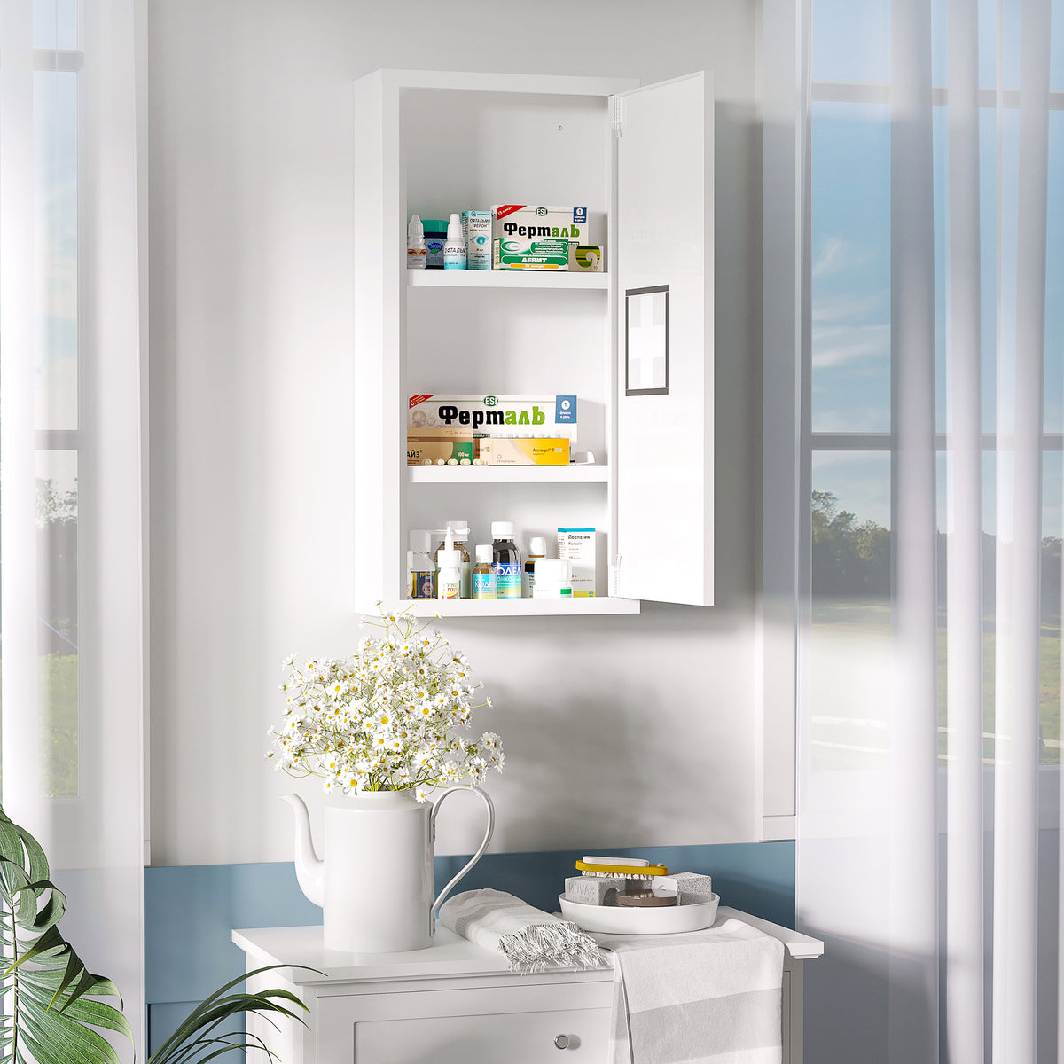 Armoire à pharmacie murale 2 étagères 3 niveaux avec porte aimantée métal 30 x 12 x 60 cm blanc-1
