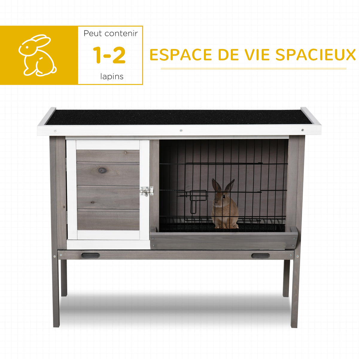 Clapier en bois pour lapin avec toit en asphalte mangeoire plateau amovible et 2 portes 91 x 46 x 71 cm gris-4