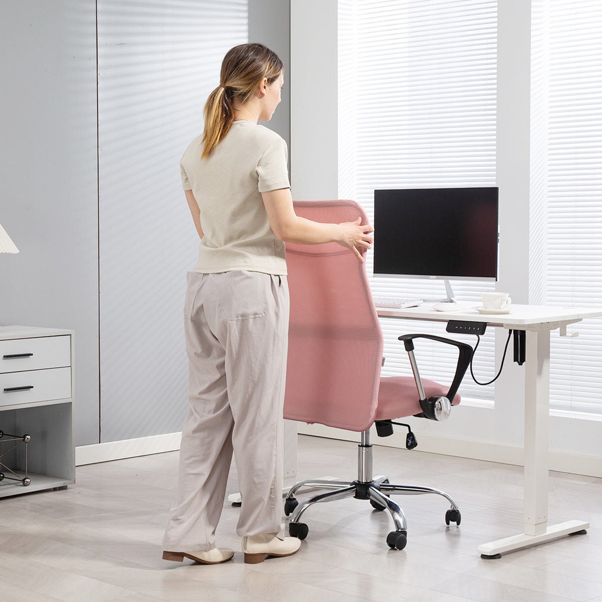 Fauteuil de bureau manager dossier ergonomique hauteur assise réglable pivotant tissu maille 63x65x119109-119cm rose-8