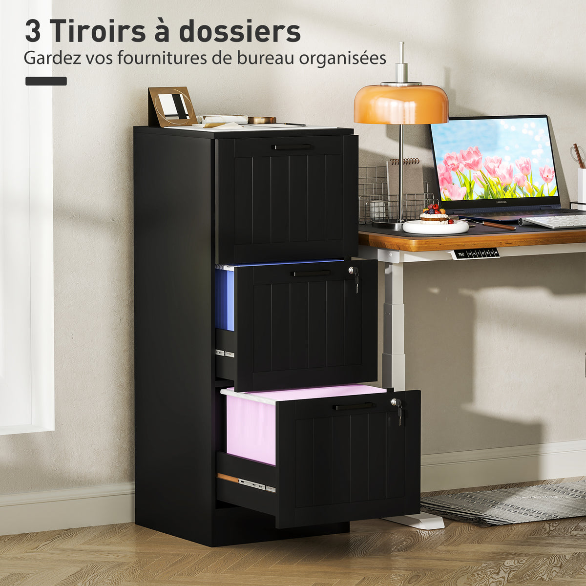 Caisson bureau, meuble rangement bois 3 tiroirs et serrure, barres de suspension réglables, 40 x 40 x 101 cm, noir-3