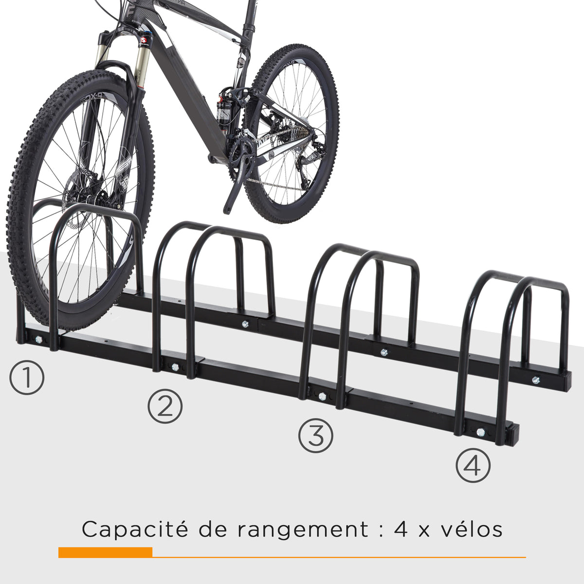 Râtelier 4 vélos range-vélos support de rangement pneu 65 mm sol ou mural pour VTT enfants BMX 110 x 33 x 27 cm acier noir-3