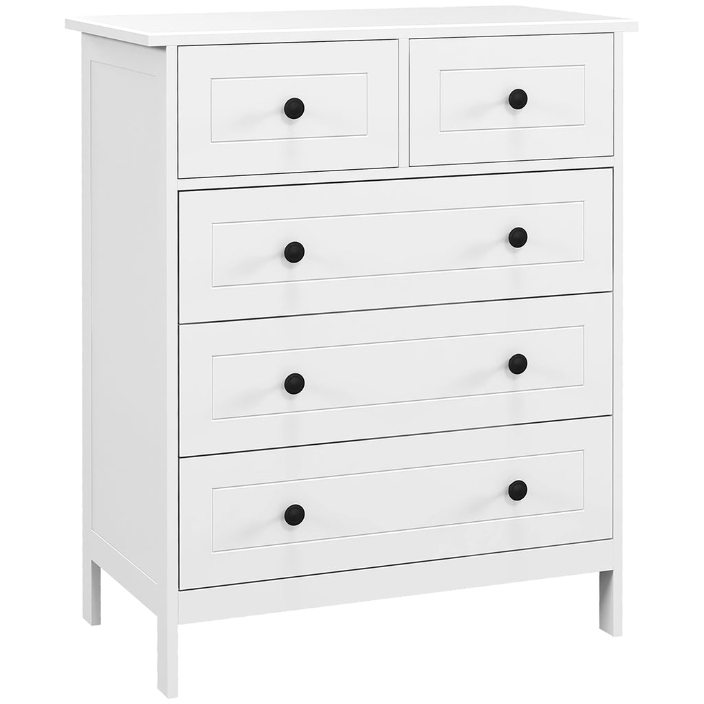 Commode meuble de rangement 5 tiroirs pour chambre, bureau, entrée, blanc et poignée métal noir-0