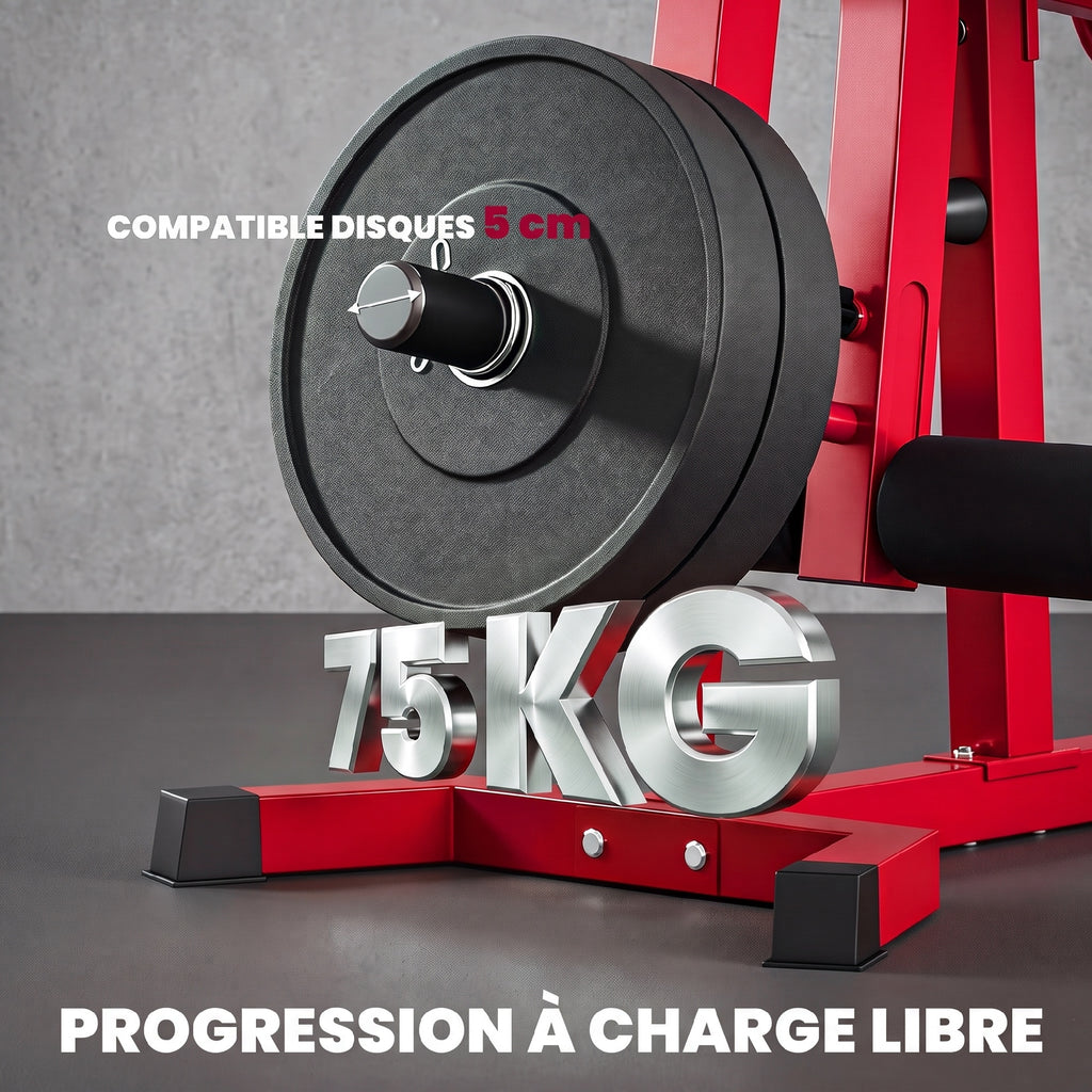 Machine d'Extension de Jambe 3 en 1 Charge 300 kg, Dossier et Positions Réglables, Disques Libres, 163x58x118cm, Rouge-6