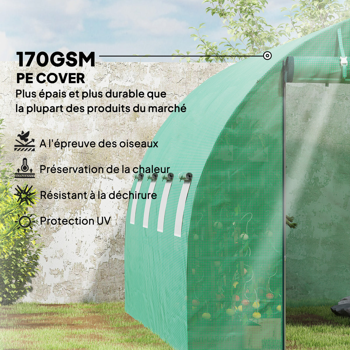 Serre tunnel de jardin 3 x 4 x 2 m avec porte enroulable et grandes fenêtres, en acier galvanisé et PE, vert-3