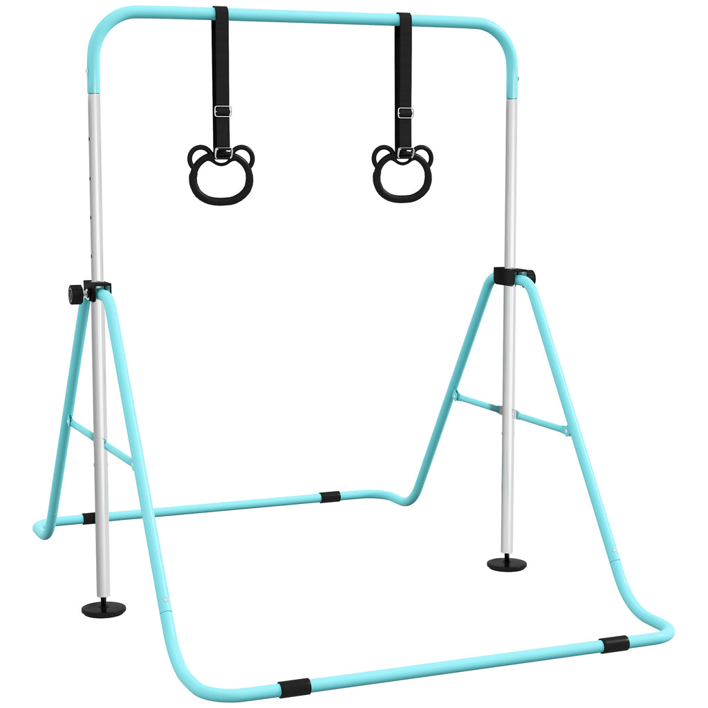 Barre de gymnastique pour enfants, barre horizontale pliable à hauteur réglable avec anneaux de gymnastique, cyan-0