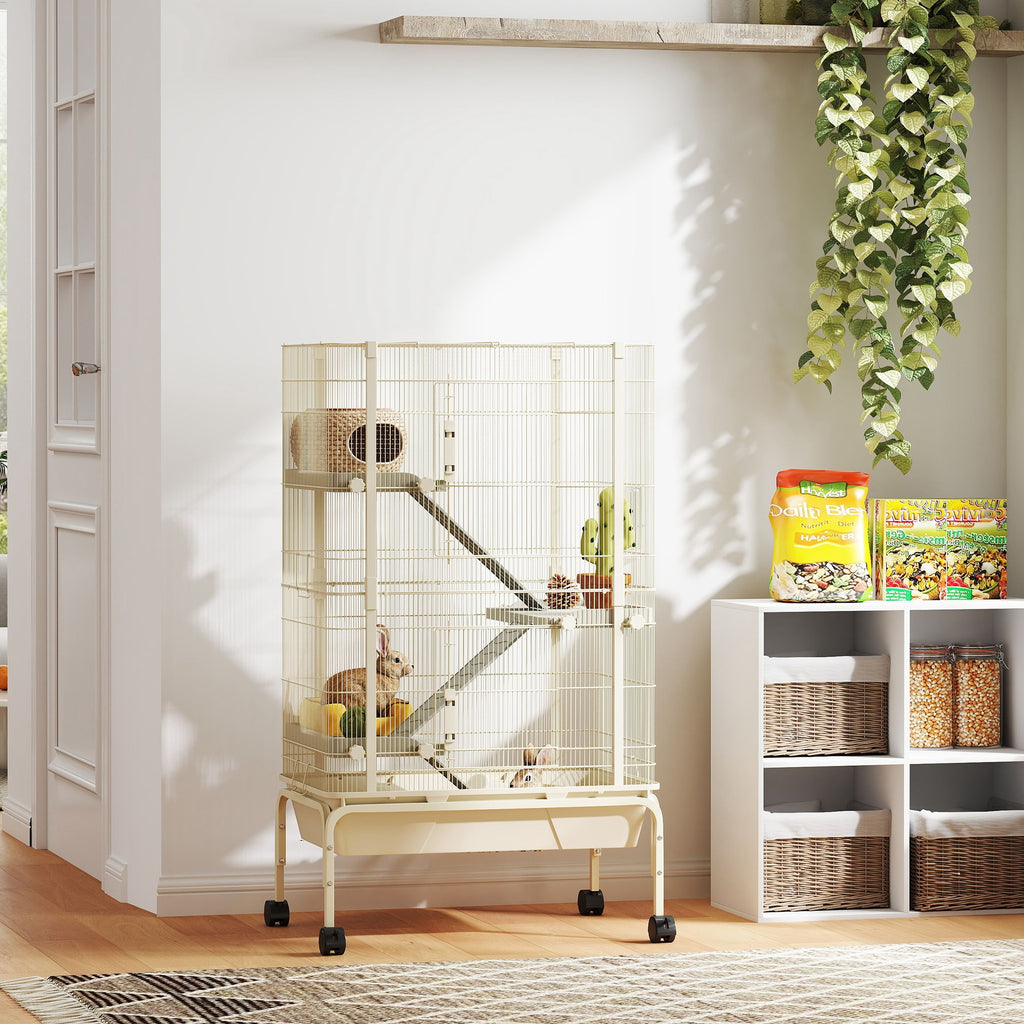Cage pour lapin enclos à 4 niveaux avec 2 portes 3 rampes plateau profond roulettes 69 x 44 x 120 cm beige-9