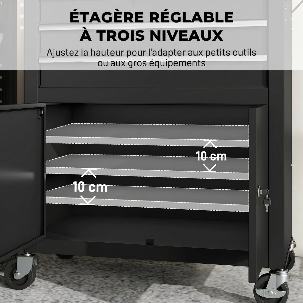 Servante d'atelier en acier à 3 tiroirs, chariot à outils sur roulettes, étagère réglable, panneau perforé, noir-4