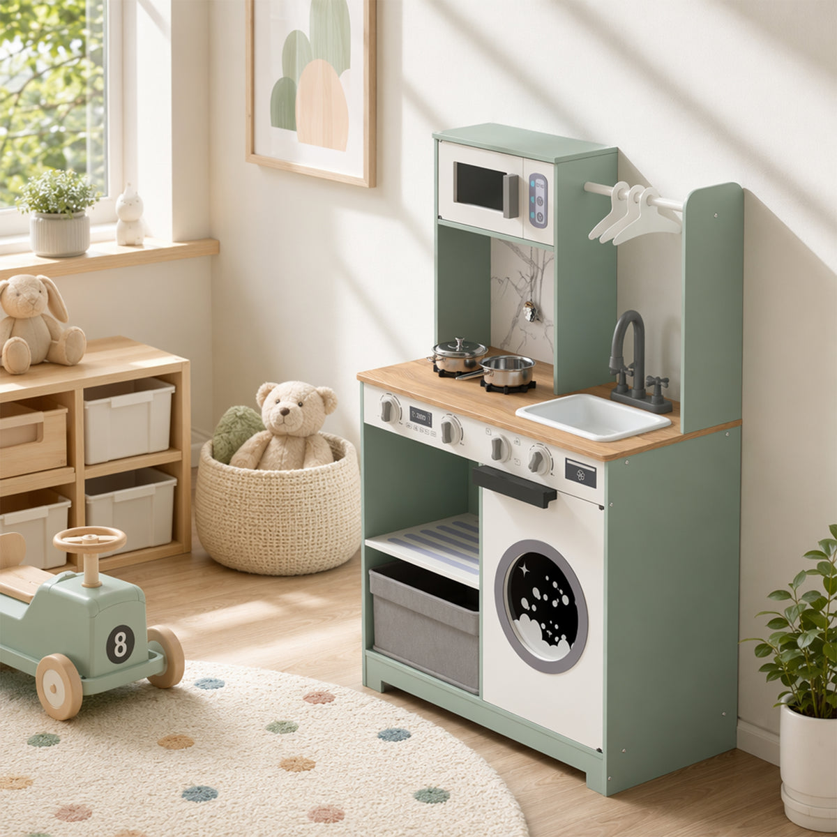 Cuisine enfant jouet d'imitation, dinette enfant avec cuisinière, évier, micro-ondes, 5 accessoires, vert-8