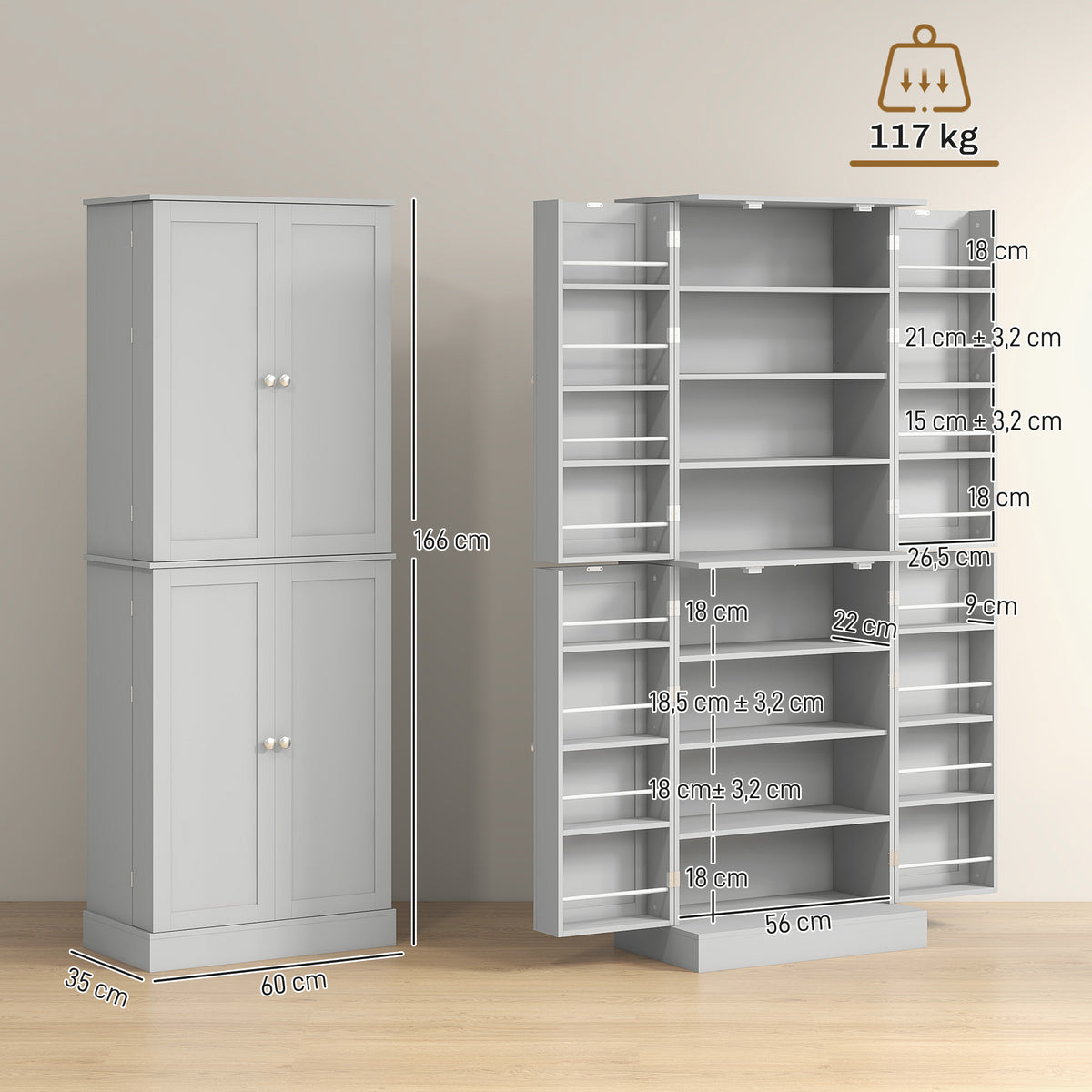 Armoire de cuisine buffet cuisine avec placards, étagère réglable et porte-épices, 60 x 35 x 166 cm, gris-2