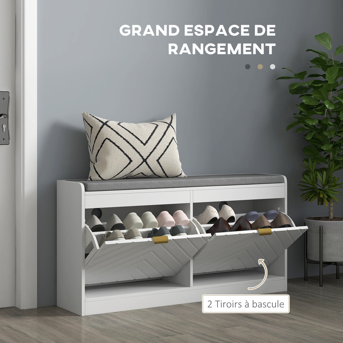 Banc à chaussures, banc de rangement, assise rembourrée, tiroir rabattable, porte avec motif 106 x 24 x 52,5 cm, blanc-3