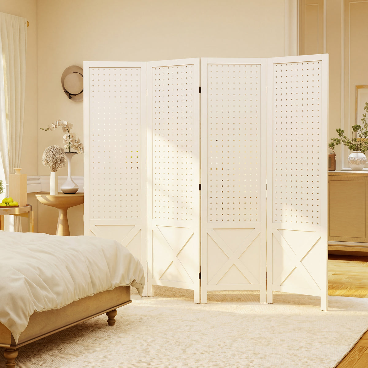 Paravent intérieur en bois 4 panneaux séparateur de pièce pliable panneau perforé 152 x 1,7 x 144,5 cm blanc-7