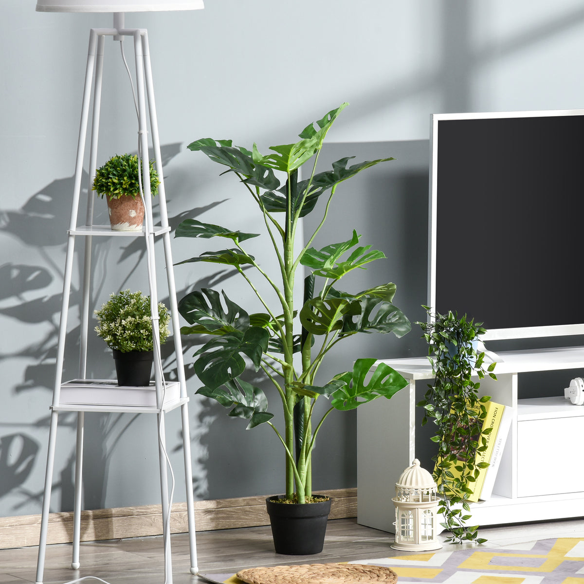 Plante artificielle modèle Monstera avec 21 feuilles en pot ciment, intérieur ou extérieur, dim. Ø16 x 100H cm-3