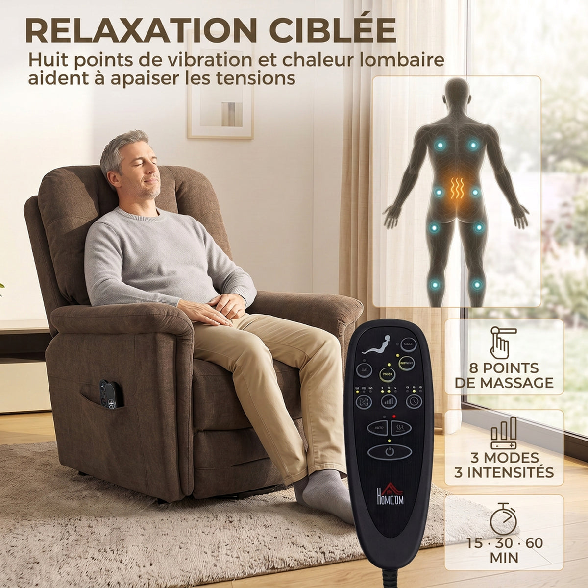 Fauteuil Releveur Électrique Massage et Chaleur Fauteuil Relax Électrique Velours Port USB Dossier Inclinable Marron-4