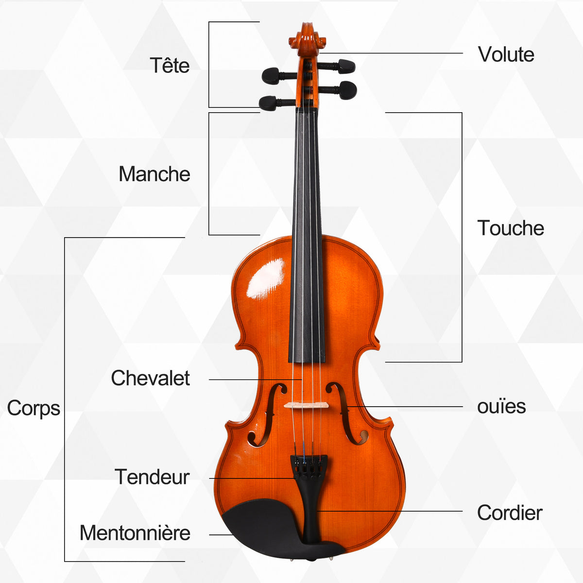 Violon 4/4 pleine grandeur avec étui, accordeur, épaulière, archet, colophane, cordes rechange et chiffon-3