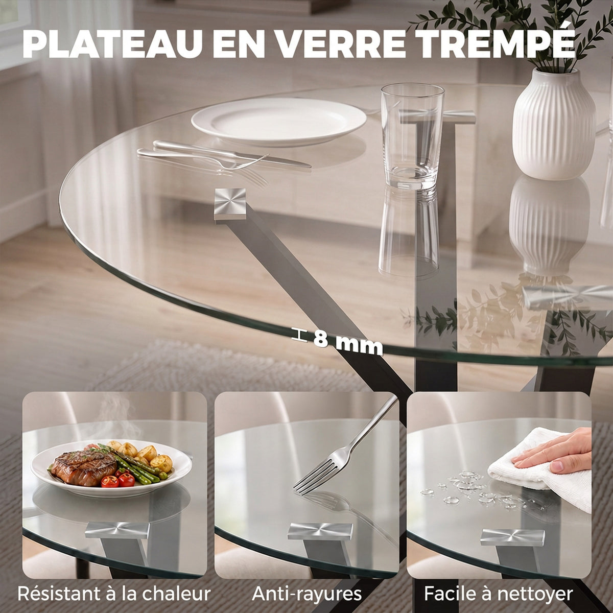 Table à Manger Ronde pour 4 Personnes, Ø 80 x 75 cm, Table de Cuisine, Plateau en Verre Trempé, Transparent-4