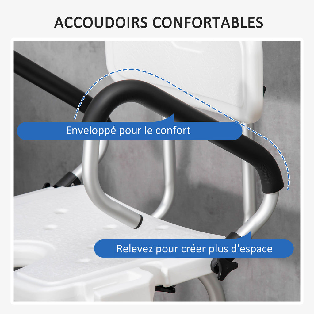 Chaise de douche, tabouret de douche réglable en hauteur avec dossier et accoudoirs rabattables, assise U, pieds antidérapants à ventouses, pour personnes âgées et handicapées, alu HDPE, blanc-4