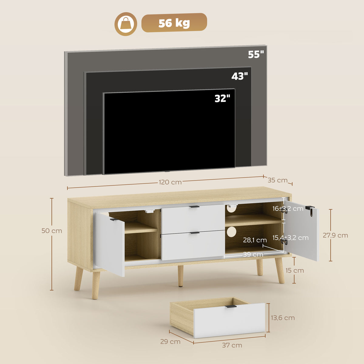 Meuble TV, meuble télé pour jusqu'à 55 pouces, 2 portes à haute brillance, 2 tiroirs silencieux, 120 x 35 x 50 cm, blanc-2