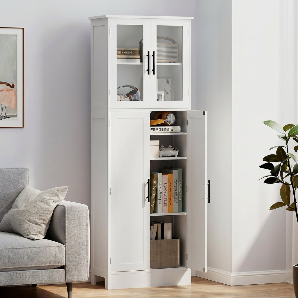 Meuble de salle de bain haut 6 niveaux, meuble de rangement avec 4 portes dont 2 vitrées et étagères réglables, blanc-7