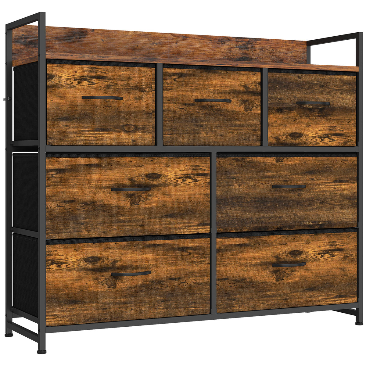 Commode 7 Tiroirs en Tissu Pliables, Commode Chambre Adulte avec Plateau Supérieur et Cadre en Acier, Brun Rustique-0