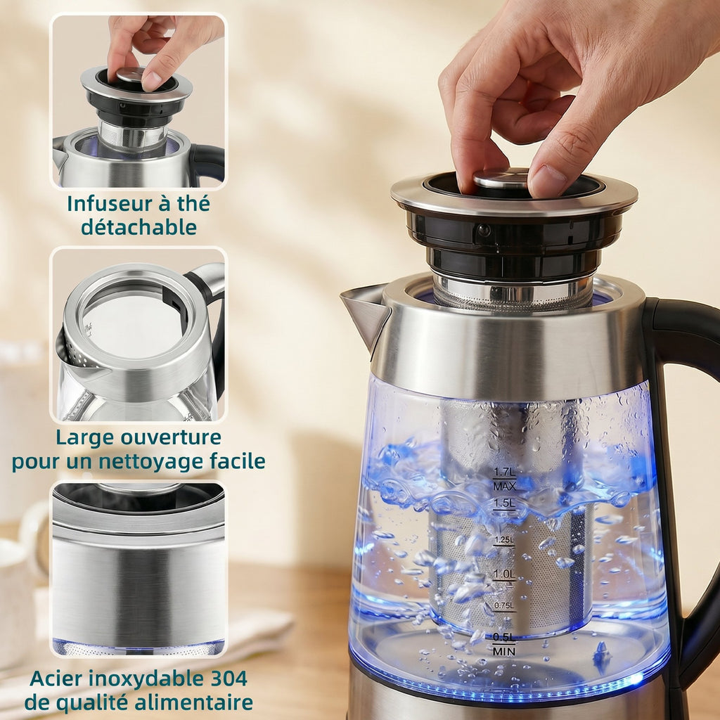 Bouilloire électrique, 1,7L, ébullition rapide 2200W avec thermostat strix, infuseur à thé, fonction maintien au chaud-7