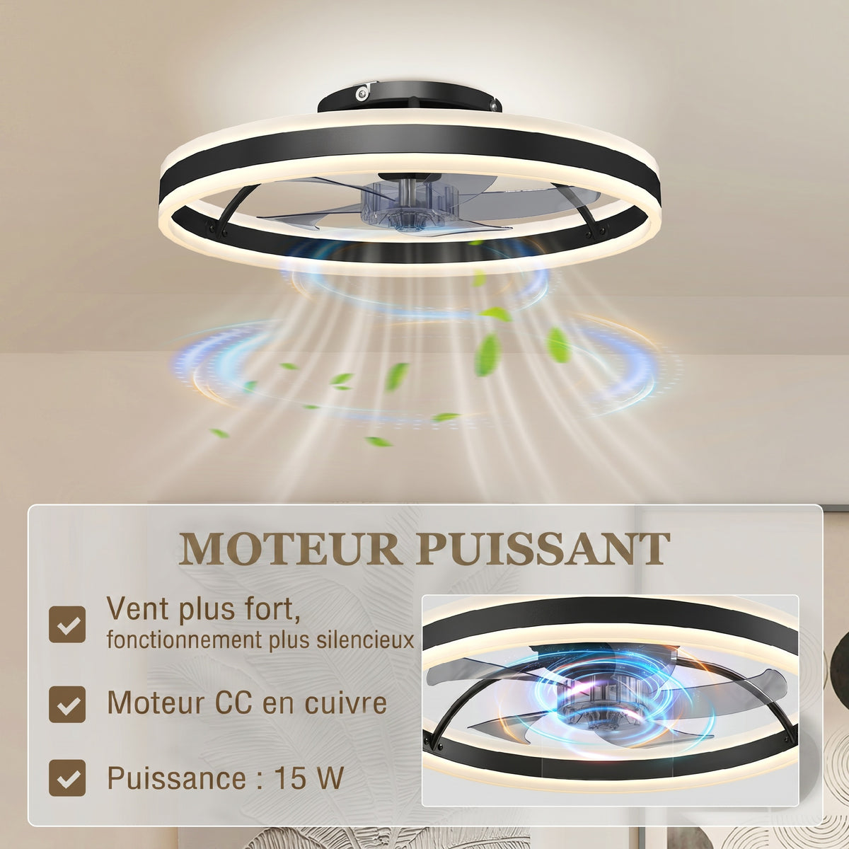 Ventilateur de plafond avec lumière et télécommande, plafonnier ventilateur 50 cm avec 6 vitesses, noir-5