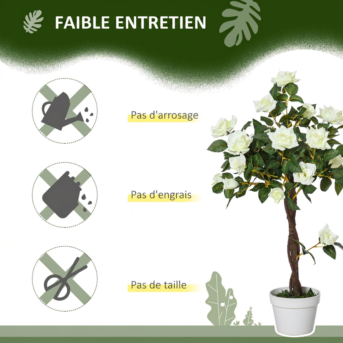Arbre à Roses Artificiel 90 cm en Plastique, 21 Fleurs, 350 Feuilles en Tissu, Pot, Facile à Entretenir, Blanc-4