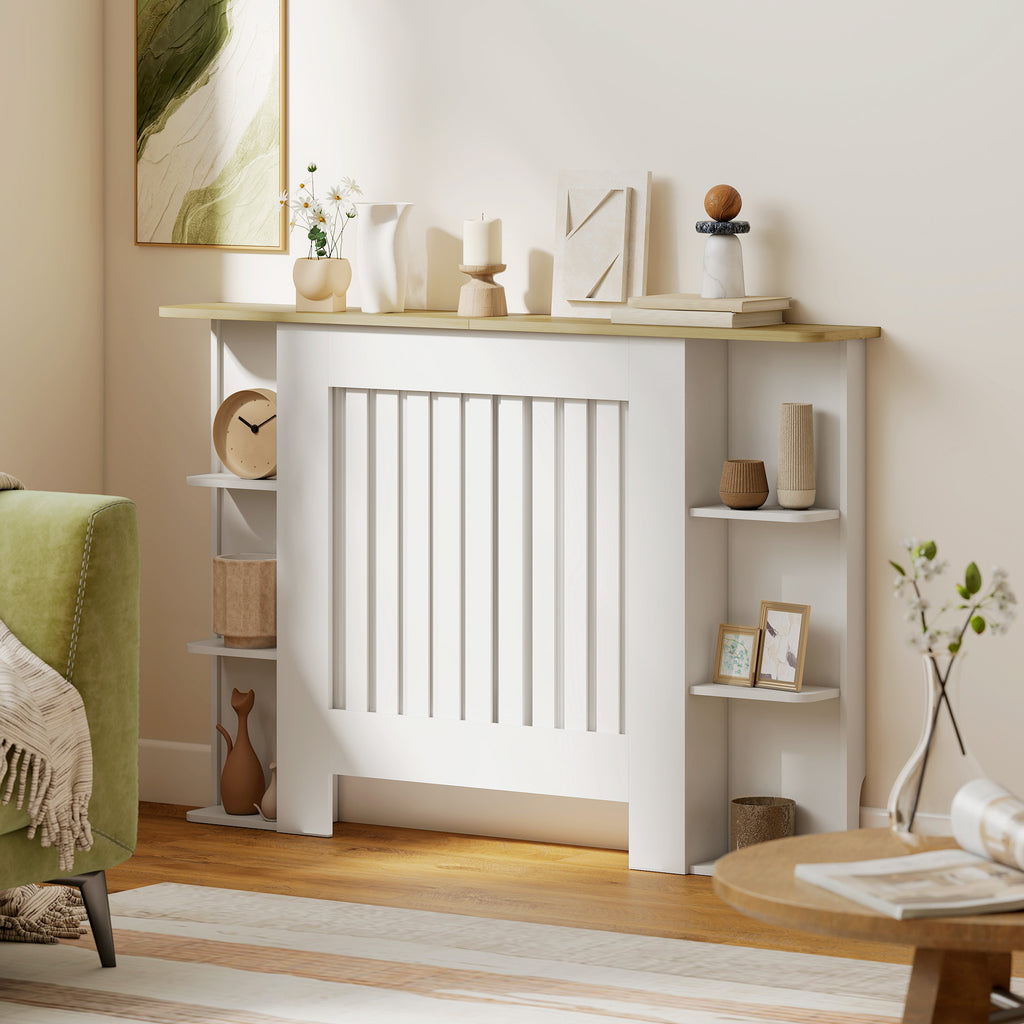 Cache-radiateur avec étagères de rangement ouvertes, couvercle de radiateur en bois à lattes, 124x19x83cm, blanc-7