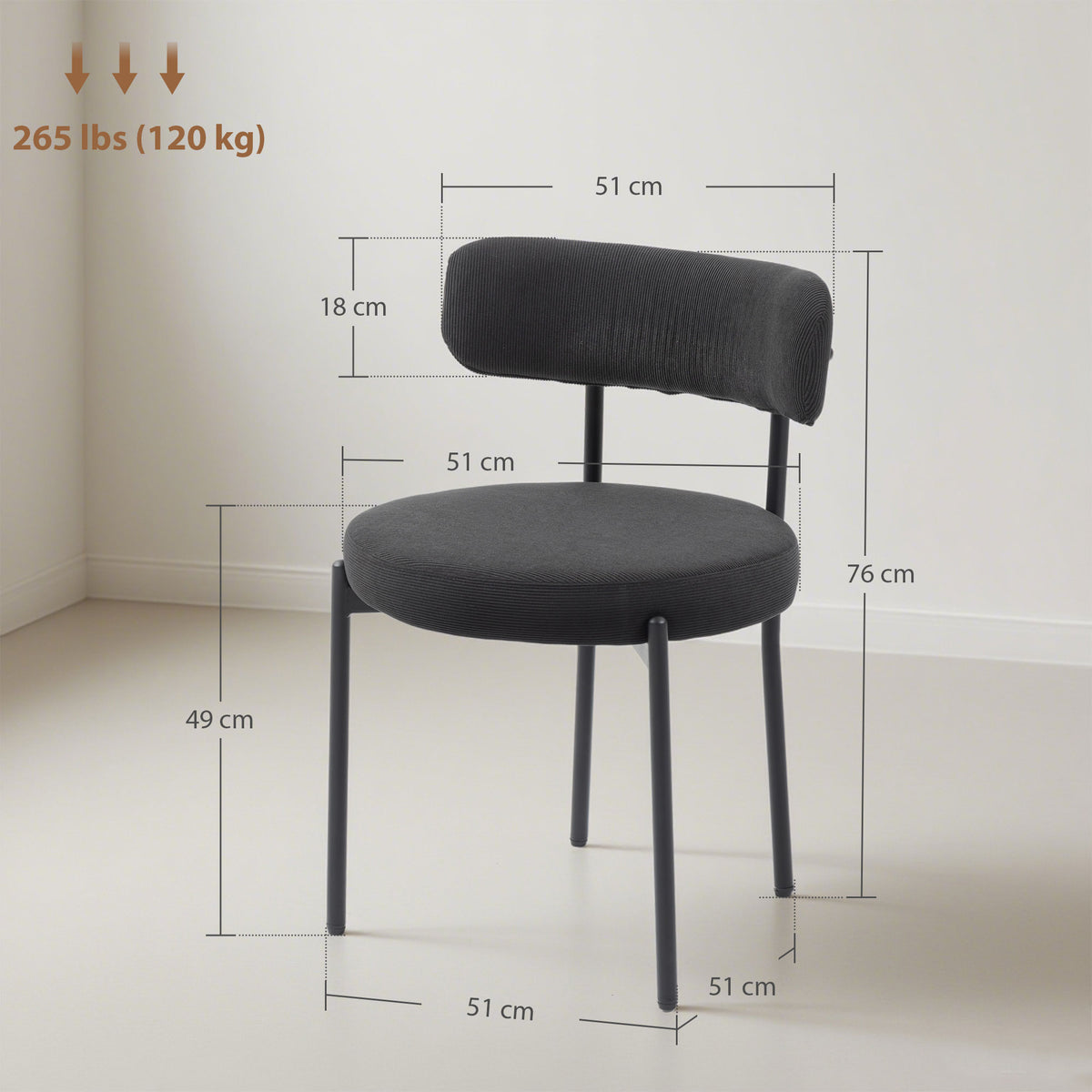 Lot de 4 chaises de salle à manger avec dossier en tissu pieds en acier 51 x 51 x 76 cm noir-2