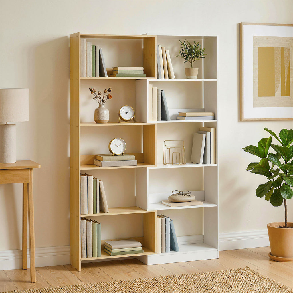 Bibliothèque d'angle rotative 350° à 5 niveaux, étagère de rangement extensible en forme L, 60-111x24x164cm, chêne-8