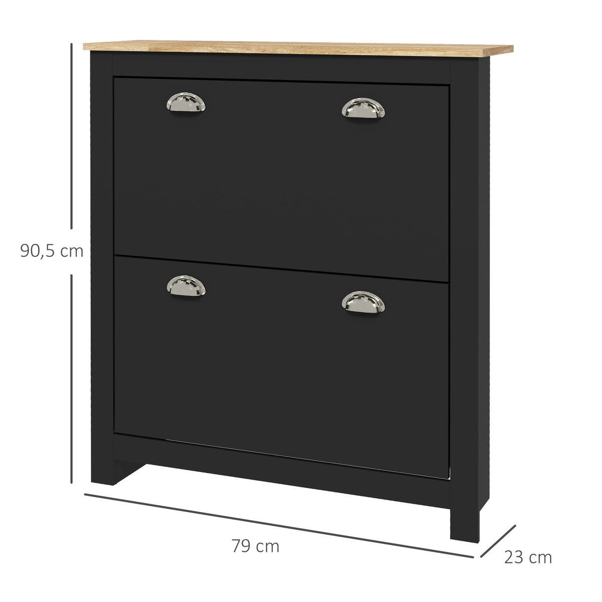 Armoire à chaussures 2 portes abattantes 2 compartiments poignées coquilles métal 79 x 23 x 90,5 cm noir chêne-2