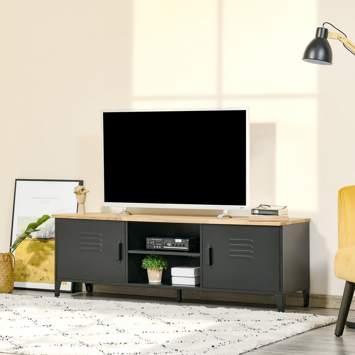 Meuble TV Banc TV pour téléviseurs de 55'' avec 2 Placards Pieds Réglables Cadre métalique noir Plateau en Bois Naturel 150 x 40 x 50 cm-1