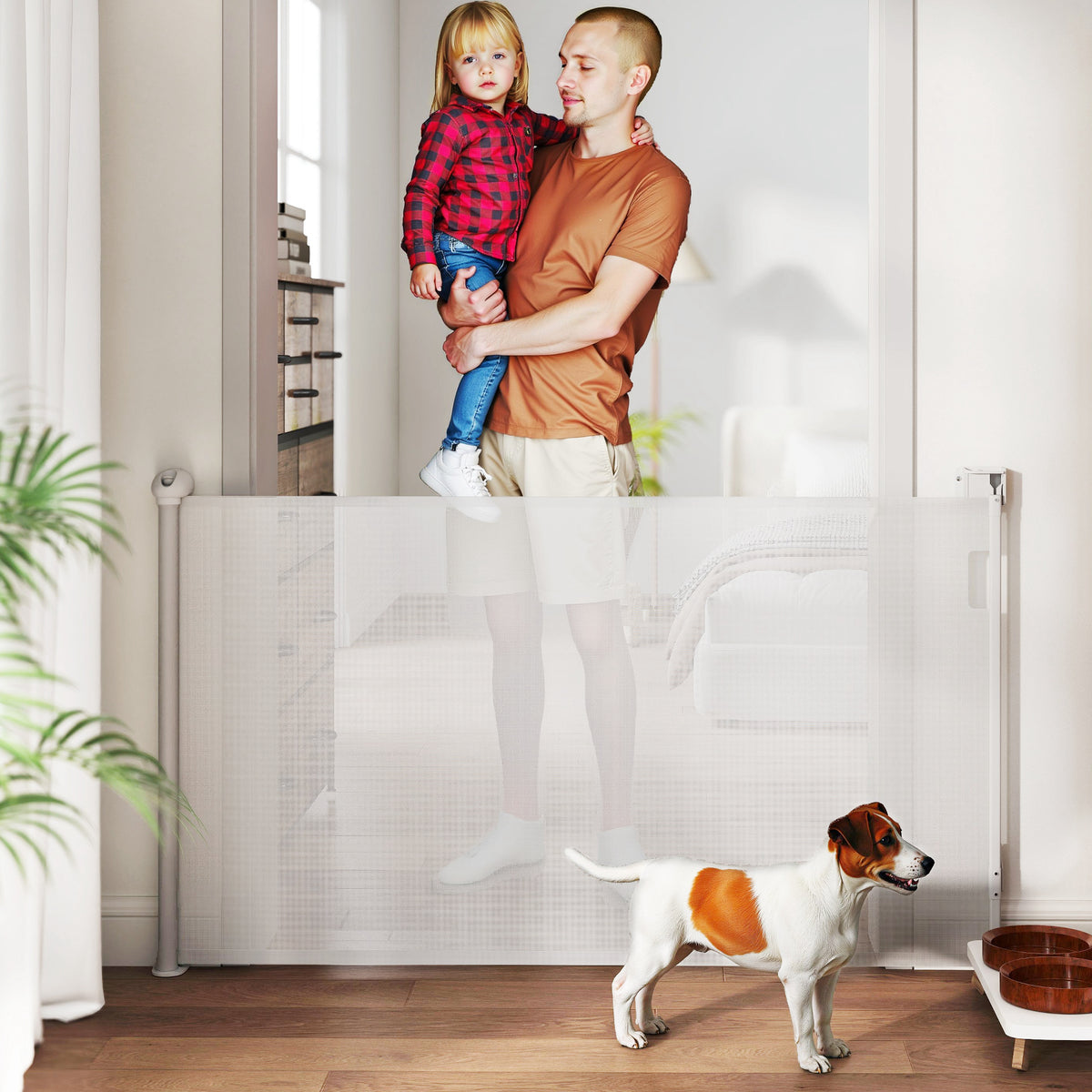 Barrière rétractable pour chien largeur 149 cm verrouillage automatique - blanc-1