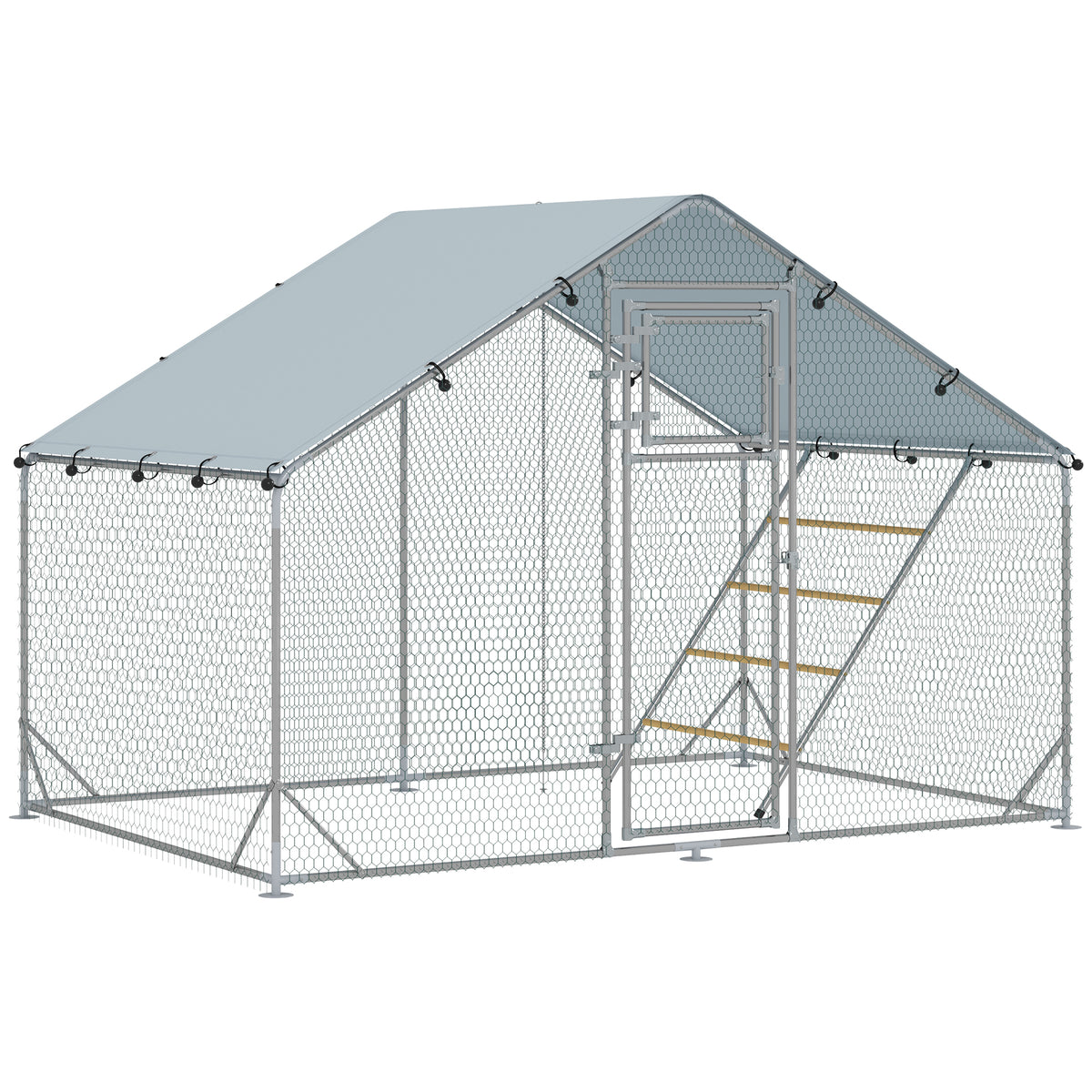 Enclos poulailler extérieur parc grillagé 6 m² avec perchoir et mangeoire acier galvanisé Ø25mm 300x200x195cm argent-0