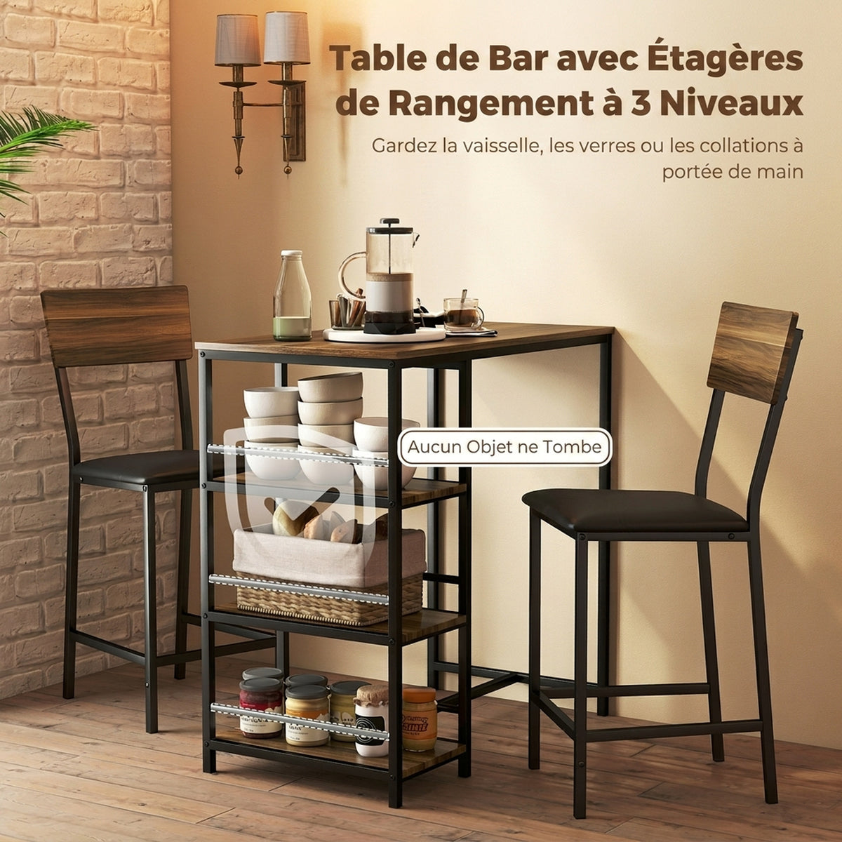 Ensemble Table de Bar avec 2 Tabourets, Table Haute de Cuisine et 2 Chaises de Bar Rembourrées PU, Noyer-3