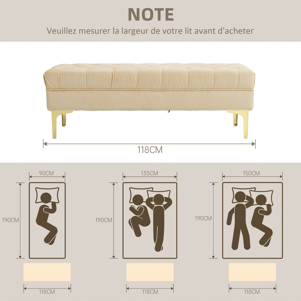 Banc banquette capitonnée bout de lit style classique chic dim. 118L x 45l x 42H cm piètement métal doré velours beige-6