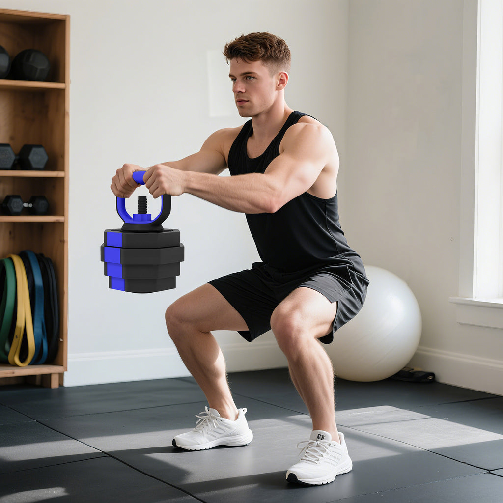 Ensemble d'Haltères Musculation 6-en-1 Haltère Réglable 30 kg Kettlebell, Barre de Musculation Support pour Pompes Bleu-8