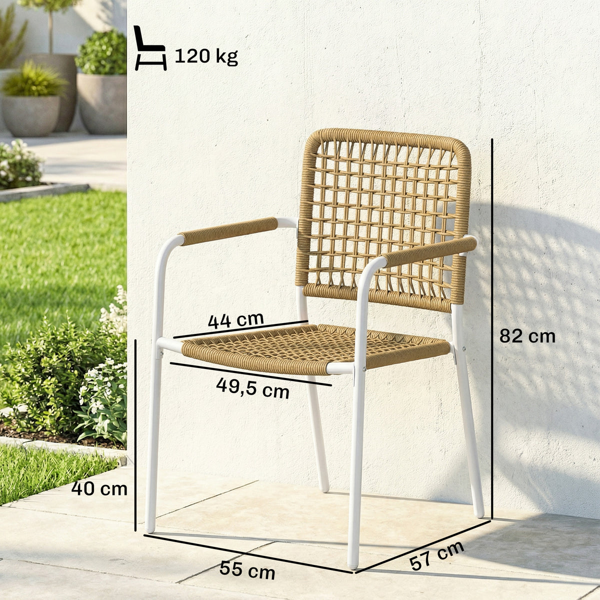 Lot de 2 Chaises de Jardin Empilables en Résine Tressée avec Accoudoirs et Dossier, 55x57x82cm, Jaune-2