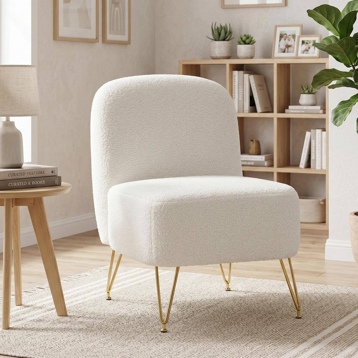 Fauteuil Salon Sans Accoudoirs, Fauteuil d'Appoint Rembourré en Tissu Bouclette, Coussin Épais, Assise Large, Blanc-1