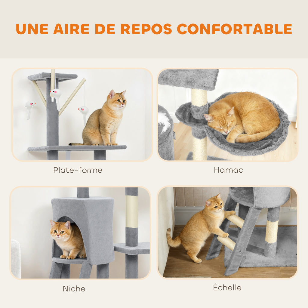Arbre à Chat Tour de Jeux pour Chats Stable Multi-Niveaux avec Niche 3 Plate-Formes Hamac 60x35x134cm Gris-4
