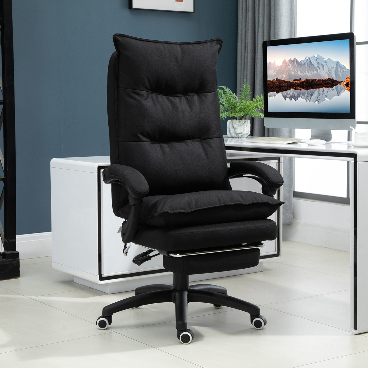 Fauteuil de bureau massant, chaise de bureau, chaise ergonomique avec hauteur réglable, dossier inclinable, repose-pied intégré et télécommande filaire, pivotant à 360°, toile de lin noir-9