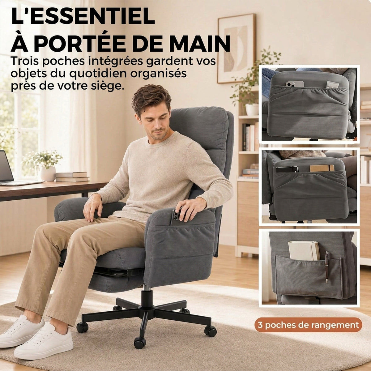 Chaise Bureau Ergonomique, Accoudoirs Rabattables, Appui-tête Réglable, Fauteuil Bureau Inclinable Velours Côtelé, Gris-6
