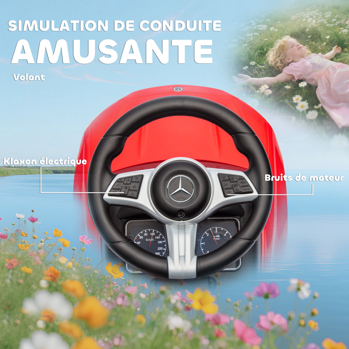 Porteur enfants Mercedes-Benz sous licence, porteur voiture à pousser avec poignée amovible, 91 x 40 x 83 cm, rouge-6
