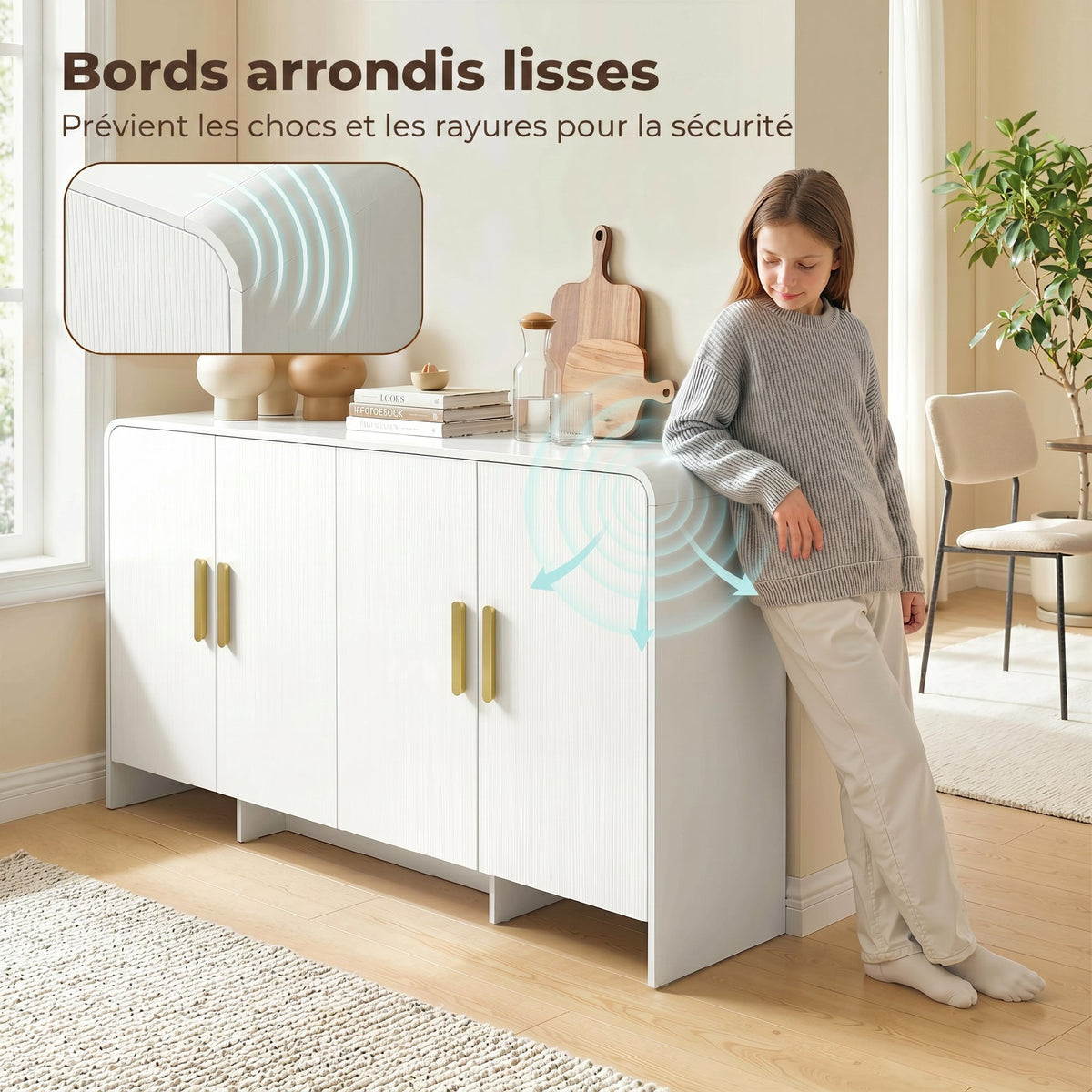 Buffet cuisine, meuble de rangement avec 4 portes à fermeture douce, 4 compartiments et bords arrondis, 152x40x80cm, blanc-3